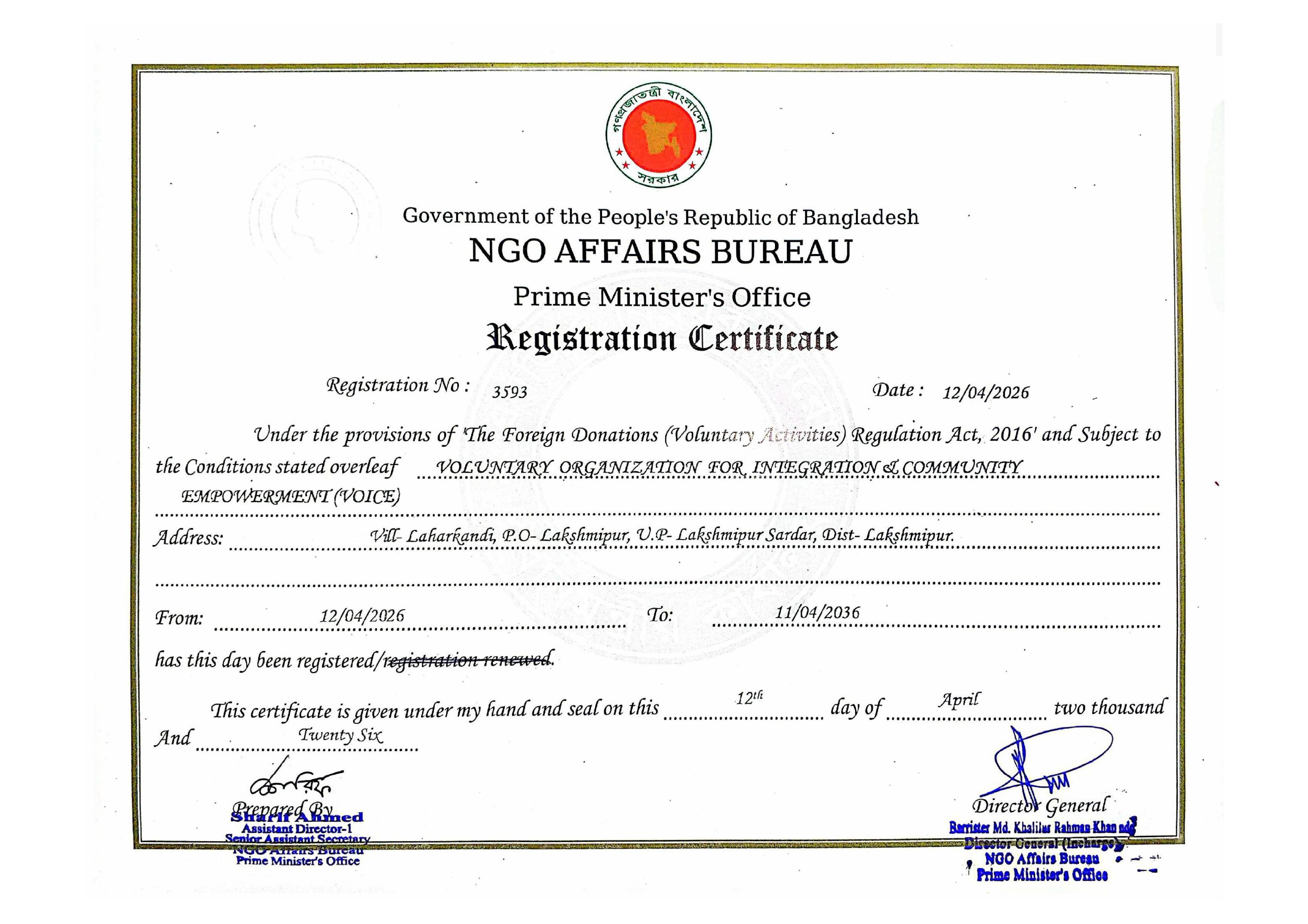 NGO Affairs Bureau registration certificate